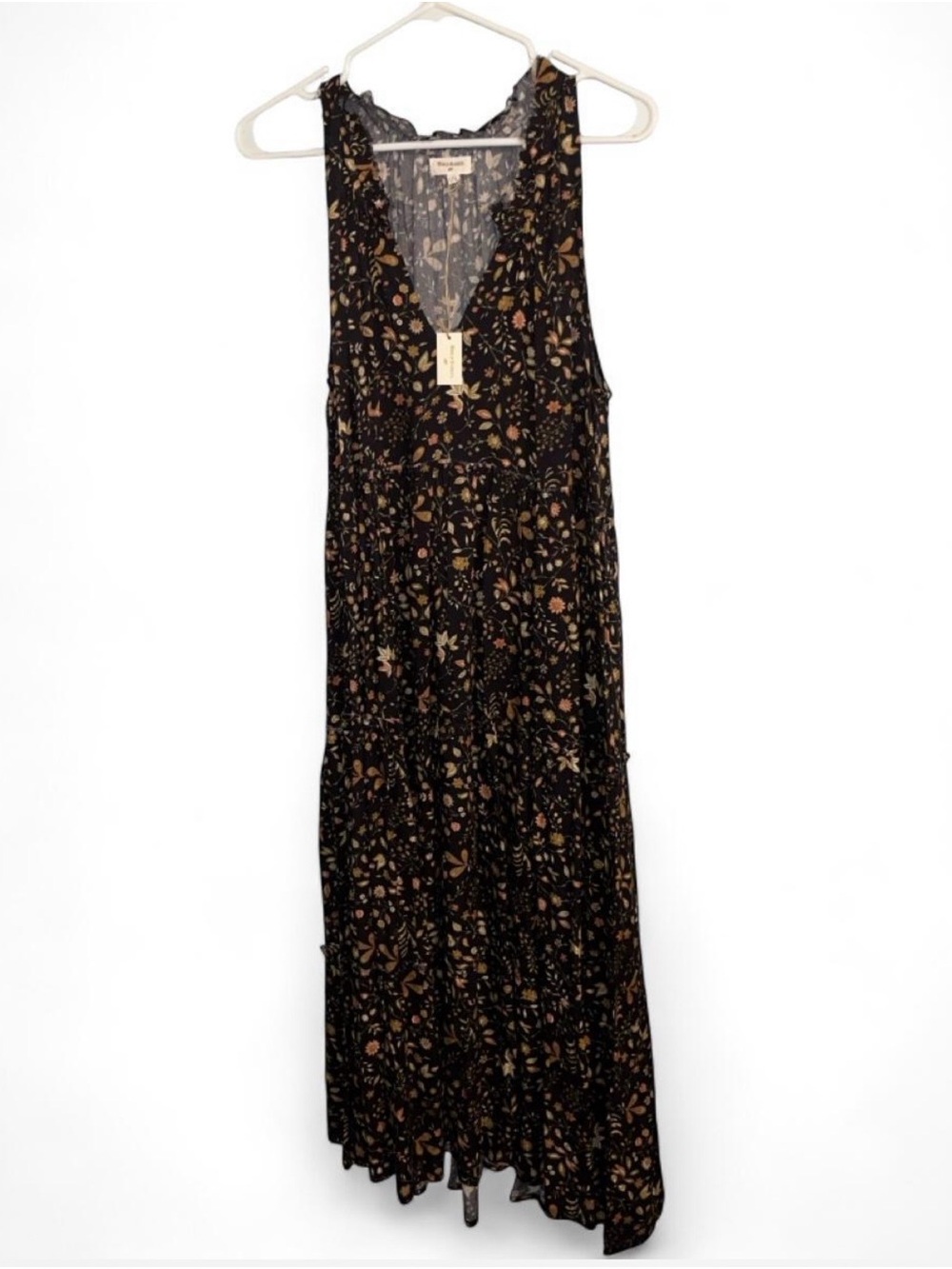 Cost Plus World Market Black Maxi Dress with Tan & Rust Floral Print